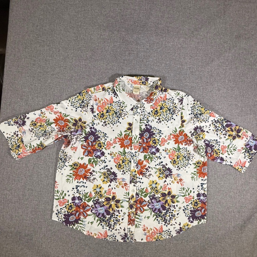 Blair Floral Button Down‎ Shirt Women 2XL 3/4 Sleeve White Casual Work  Boho Top